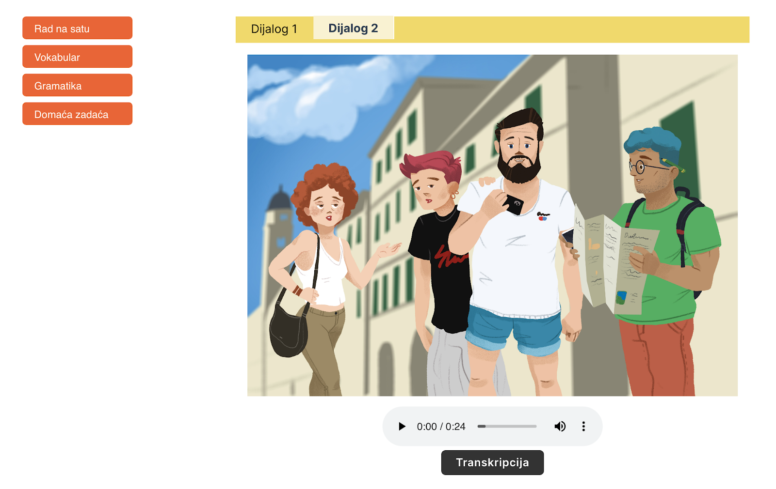 Lesson page screenshot. Large illustration with Croatian characters underneath yellow bar with lesson tabs. On the left are four orange buttons stacked vertically for grammar, vocabulary, homework, and assigments.
Underneath the illustration is an audio player followed by a button to trigger view of the transcript. The illustration shows four Croatian youth in summer clothes on the street in front of buildings. One woman and three men. It looks like they are looking for a place or sight seeing.